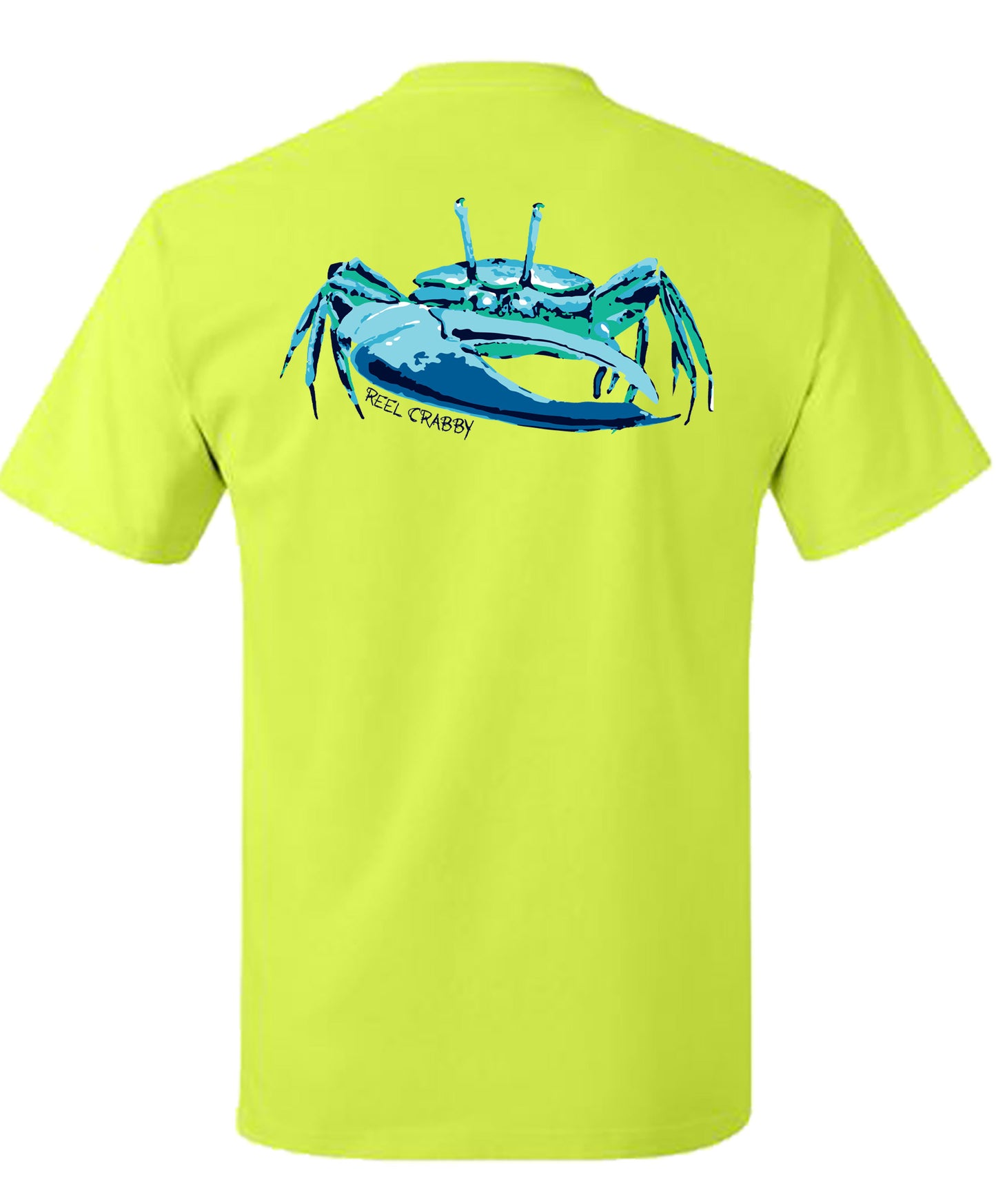 Unisex neon yellow short sleeve performance shirt with 50+ UPF, colorful fiddler crab design on back, Reel Fishy crab logo on front.