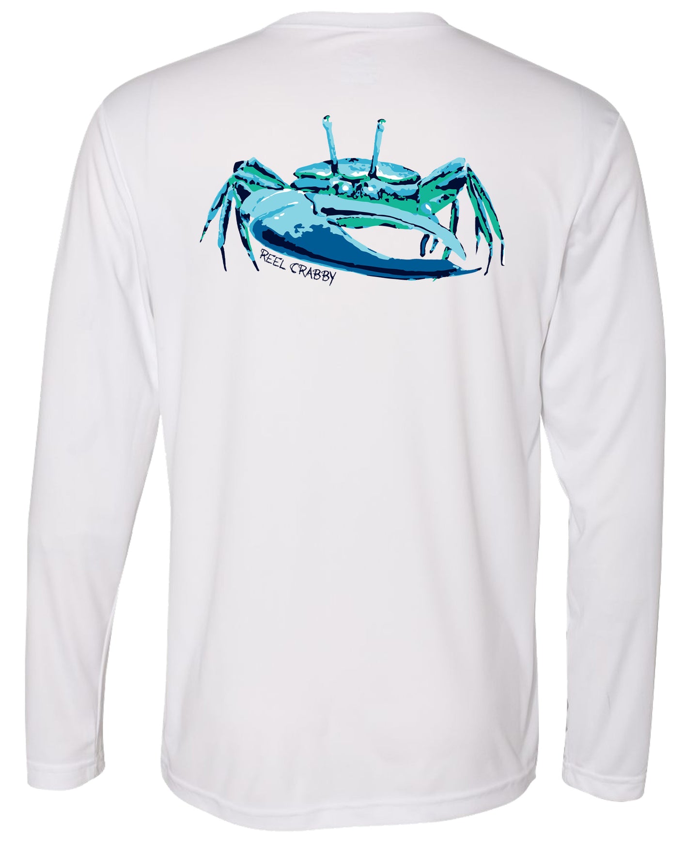 Unisex white long sleeve performance shirt with 50+ UPF, colorful fiddler crab design on back, Reel Fishy crab logo on front.