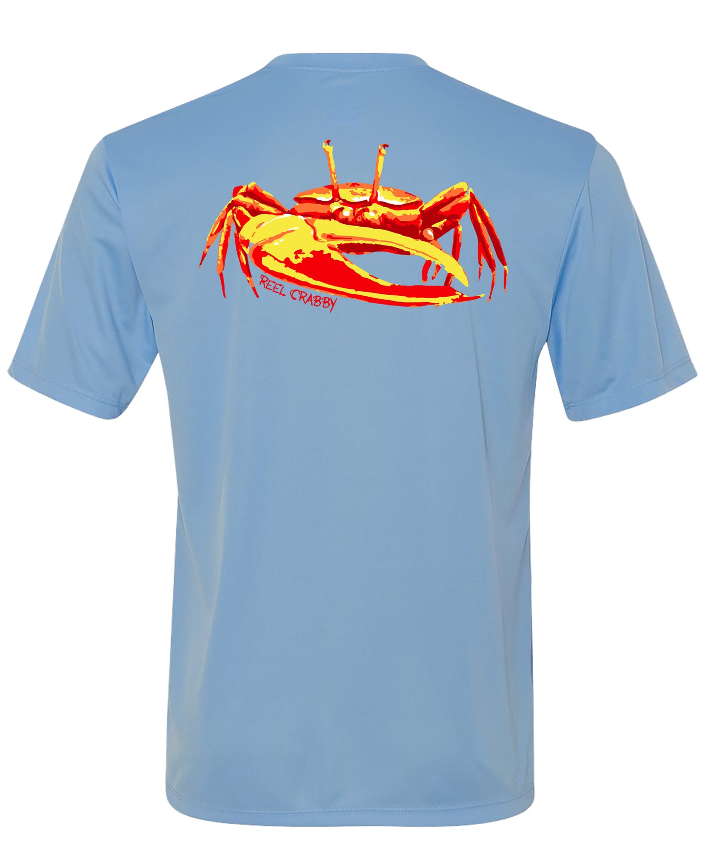 Unisex light blue short sleeve performance shirt with 50+ UPF, colorful fiddler crab design on back, Reel Fishy crab logo on front.