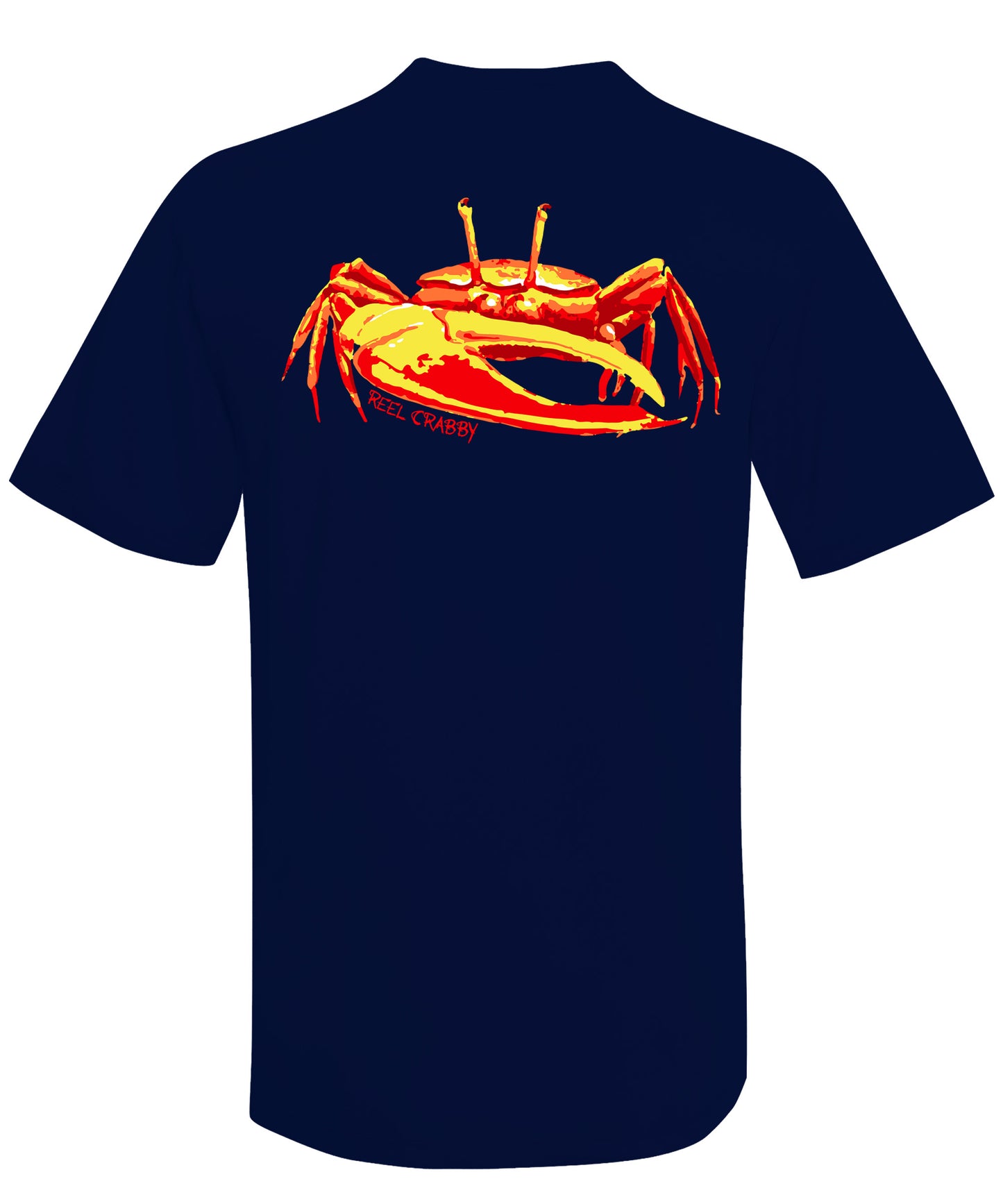 Unisex navy short sleeve performance shirt with 50+ UPF, colorful fiddler crab design on back, Reel Fishy crab logo on front.