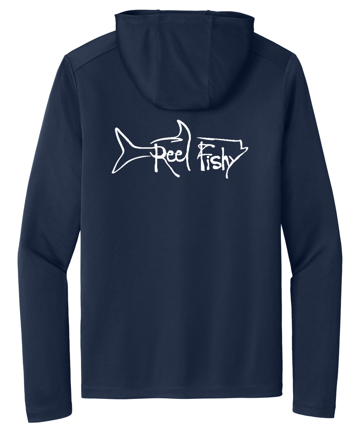 Navy Reel Fishy Tarpon performance hoodie fishing shirt with long sleeves and 50+ UPF sun protection