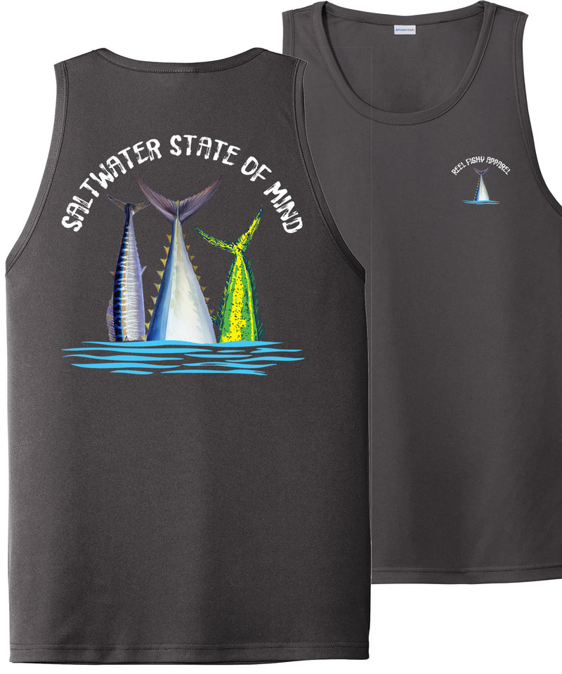 Men’s performance tank in charcoal featuring Offshore Slam fish tails and Saltwater State of Mind slogan