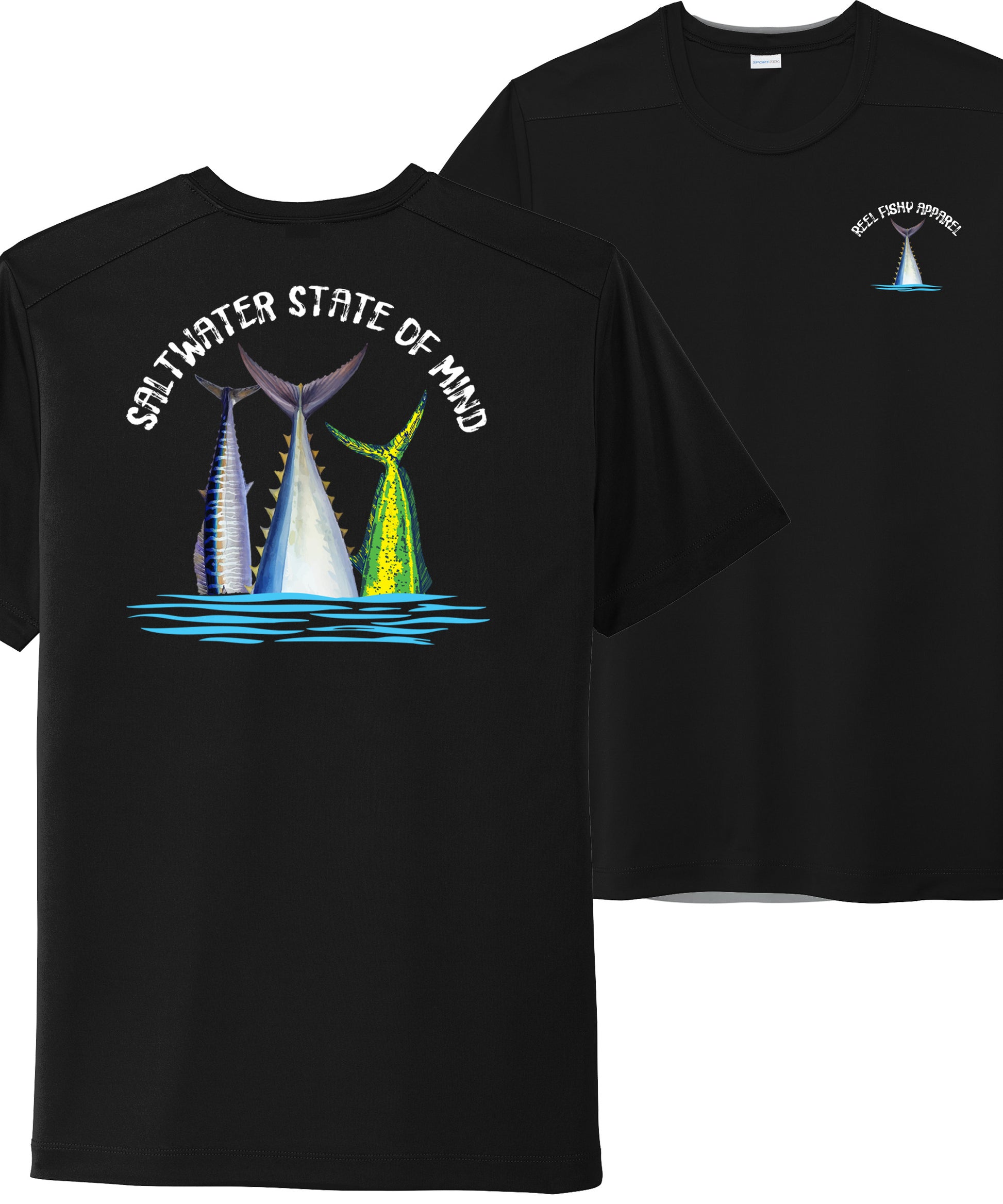 Offshore Slam performance UPF 50 short sleeve fishing shirt in black with Wahoo, Mahi, and Tuna tail design