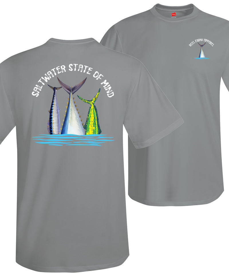 Offshore Slam performance UPF 50 short sleeve fishing shirt in gray with Wahoo, Mahi, and Tuna tail design