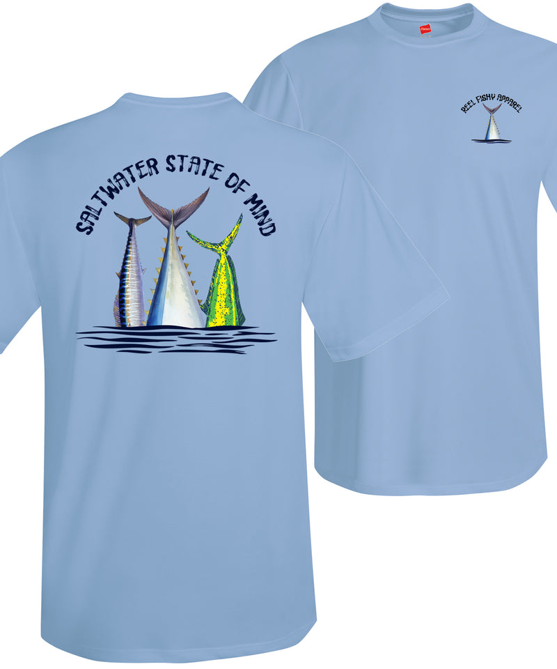 Offshore Slam performance UPF 50 short sleeve fishing shirt in light blue with Wahoo, Mahi, and Tuna tail design