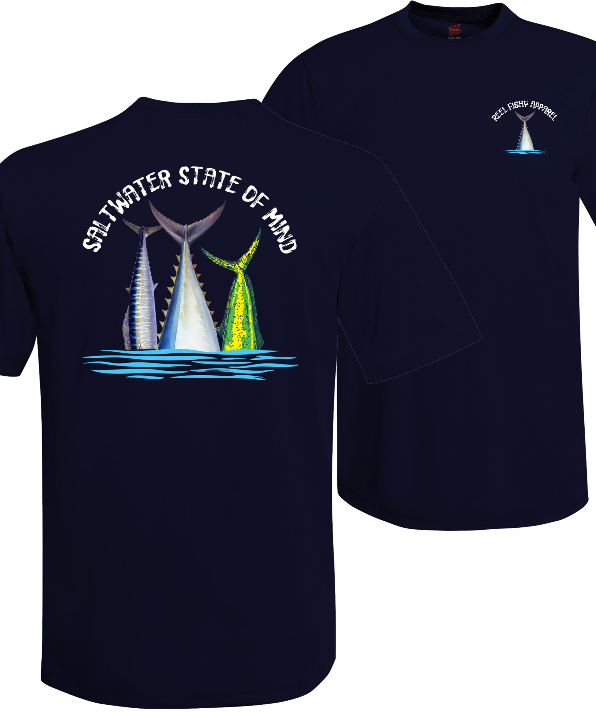 Offshore Slam performance UPF 50 short sleeve fishing shirt in navy with Wahoo, Mahi, and Tuna tail design