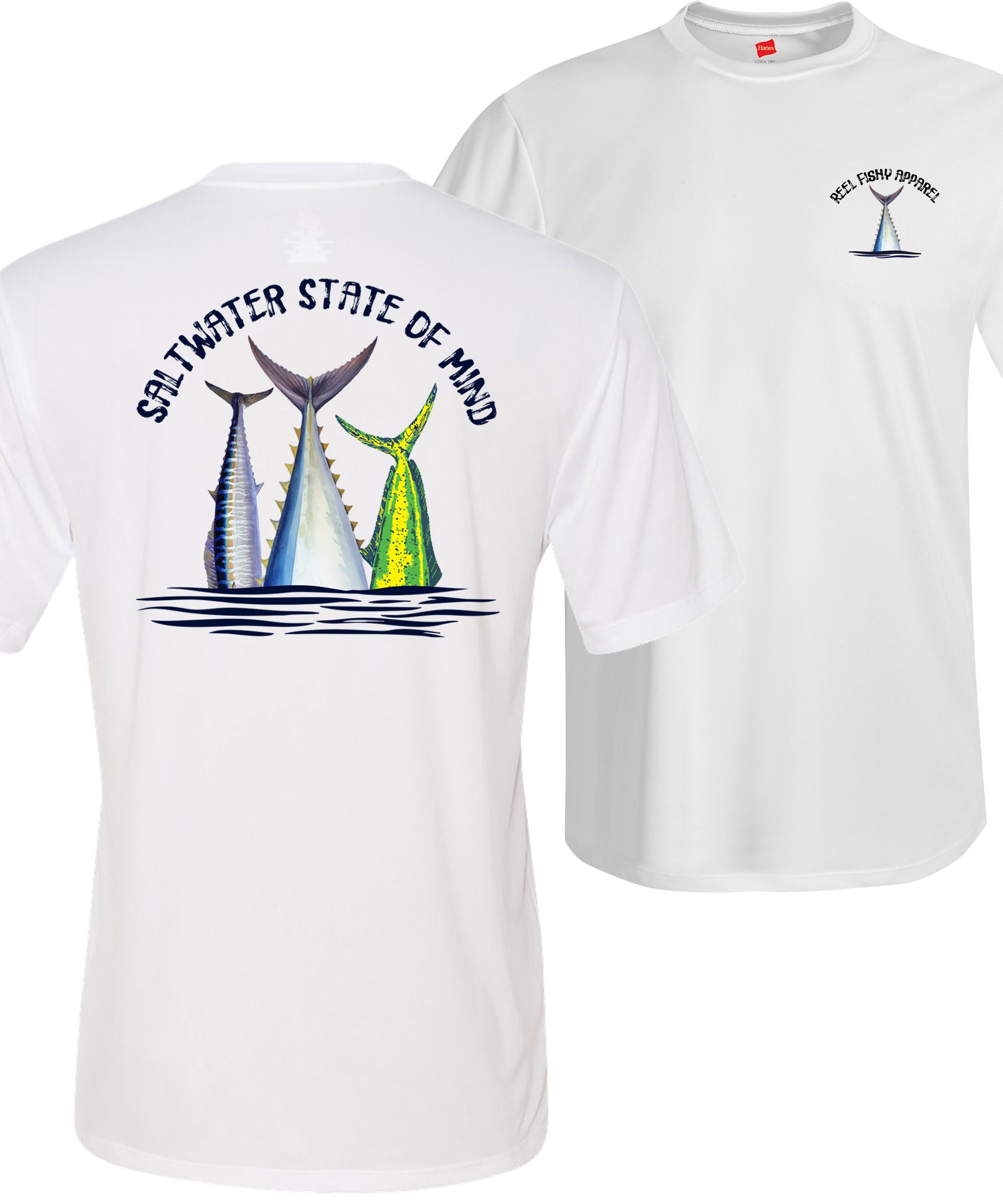 Offshore Slam performance UPF 50 short sleeve fishing shirt in white with Wahoo, Mahi, and Tuna tail design