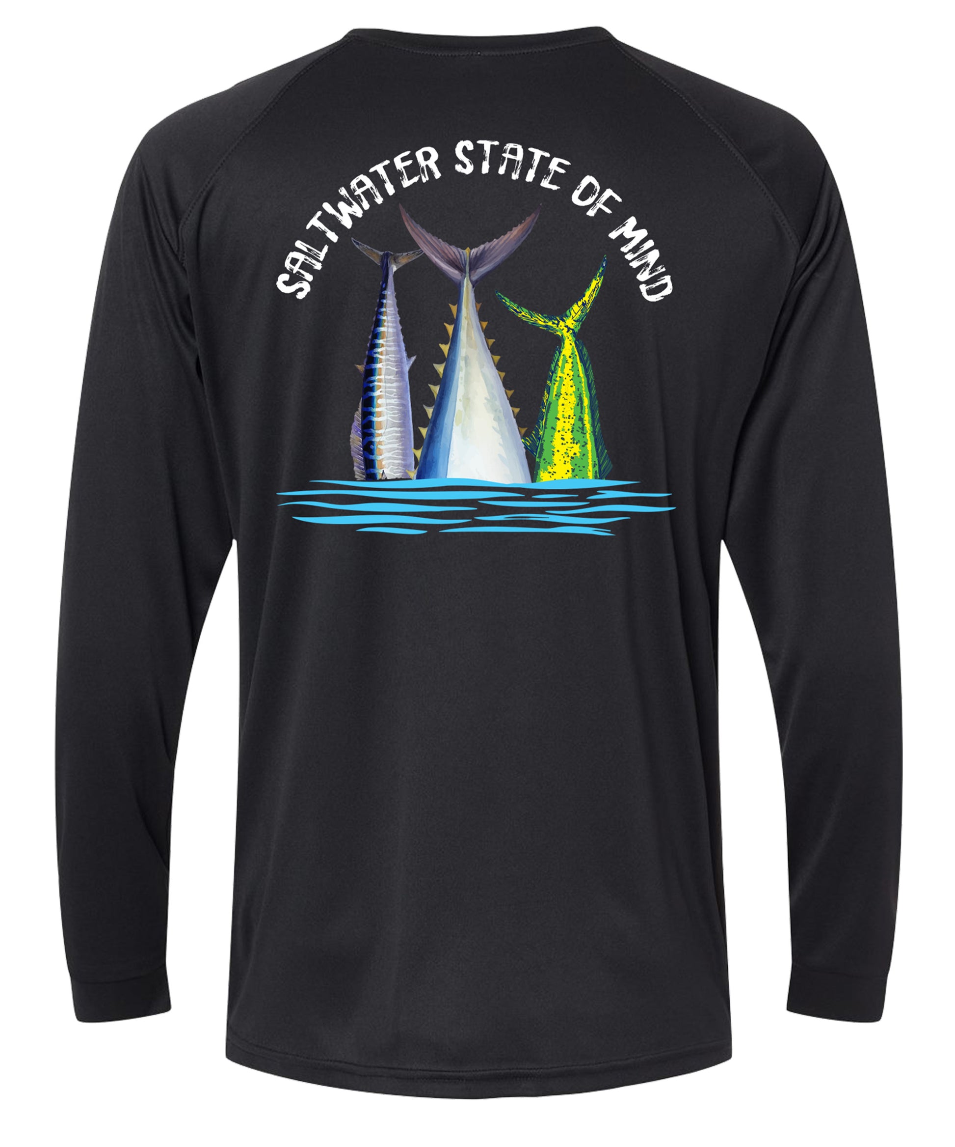 Offshore Slam performance UPF 50 long sleeve fishing shirt in black with Wahoo, Mahi, and Tuna tail design