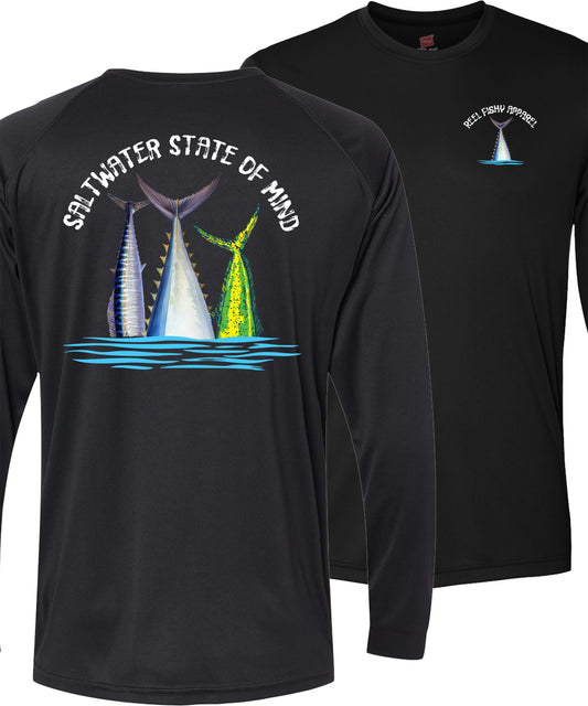 Offshore Slam performance UPF 50 long sleeve fishing shirt in black with Wahoo, Mahi, and Tuna tail design