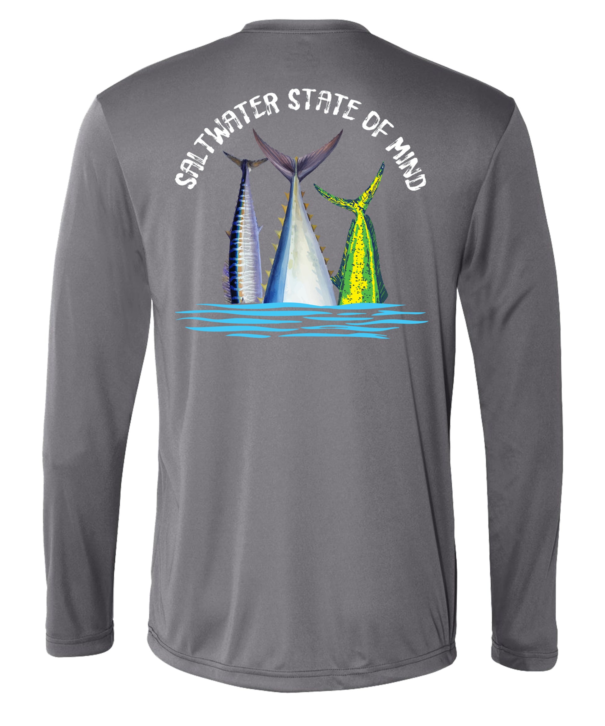 Offshore Slam performance UPF 50 long sleeve fishing shirt in gray with Wahoo, Mahi, and Tuna tail design