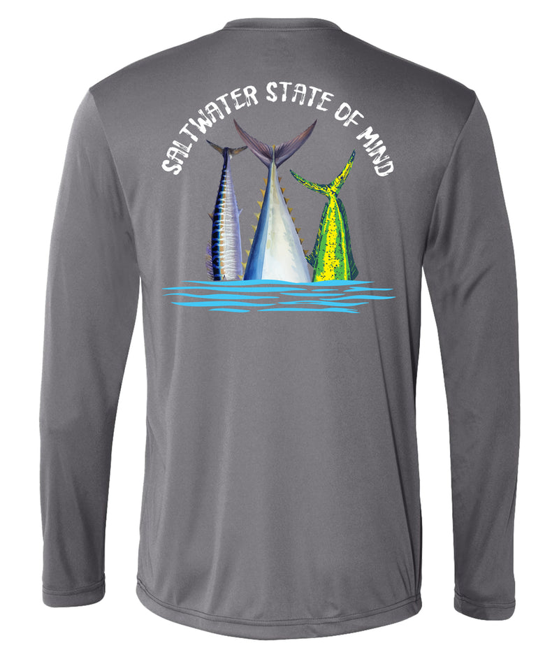 Offshore Slam performance UPF 50 long sleeve fishing shirt in gray with Wahoo, Mahi, and Tuna tail design