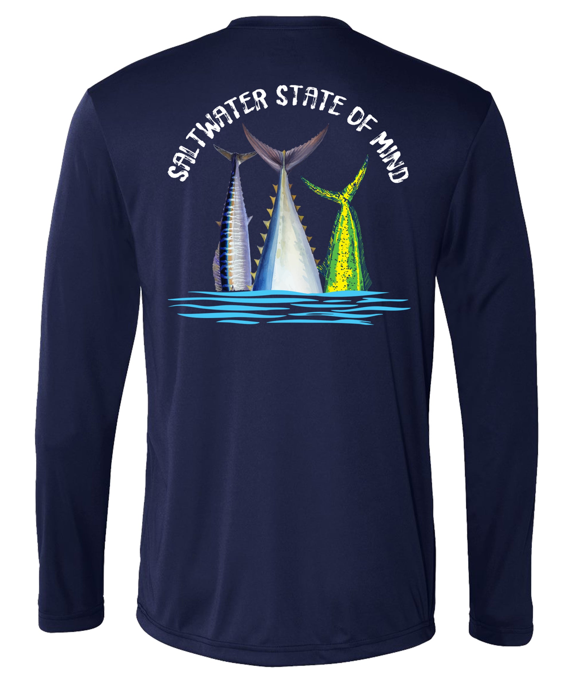Offshore Slam performance UPF 50 long sleeve fishing shirt in navy with Wahoo, Mahi, and Tuna tail design