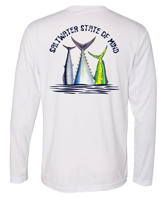 Offshore Slam performance UPF 50 long sleeve fishing shirt in white with Wahoo, Mahi, and Tuna tail design