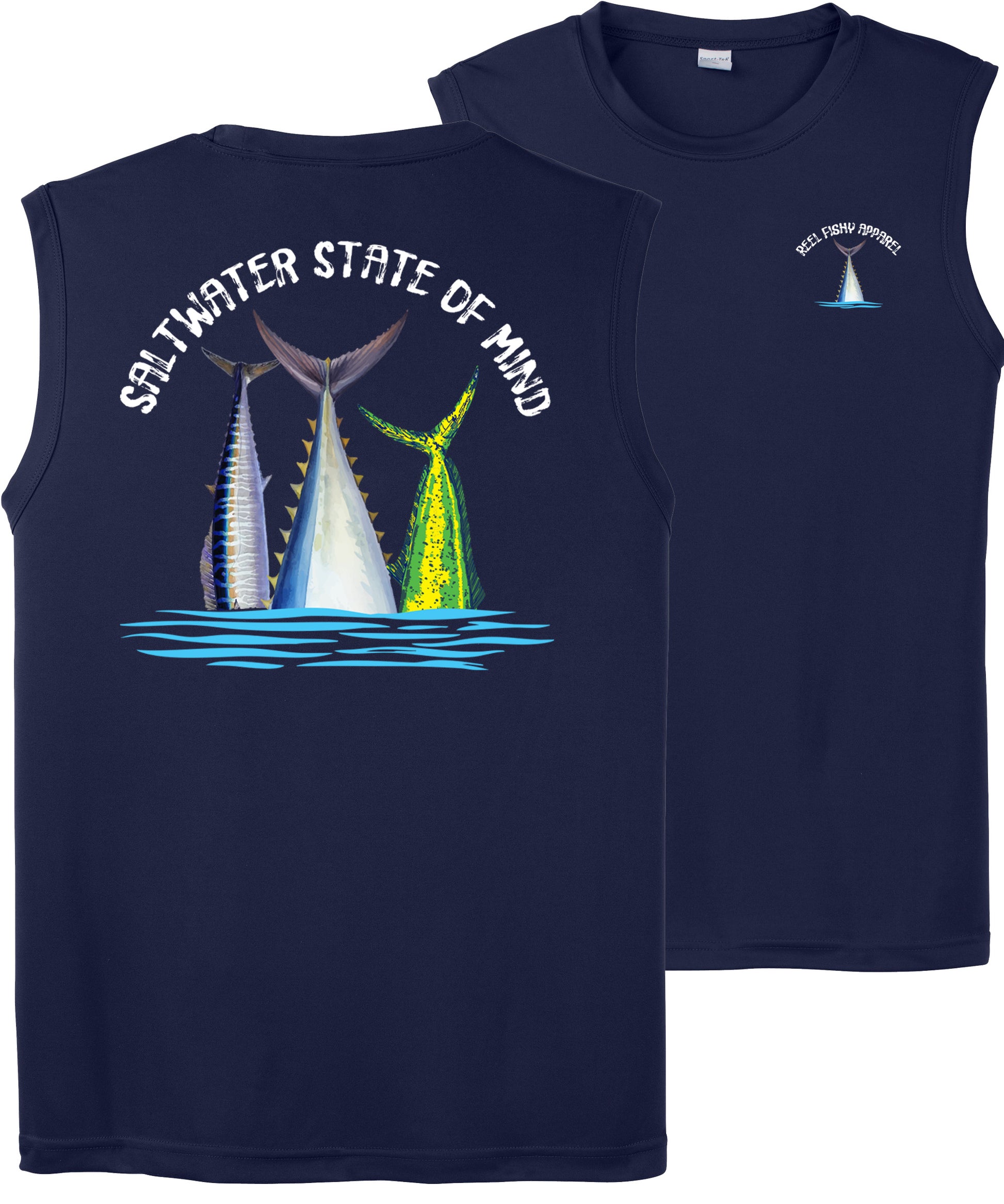 Men’s performance tank in navy featuring Offshore Slam fish tails and Saltwater State of Mind slogan