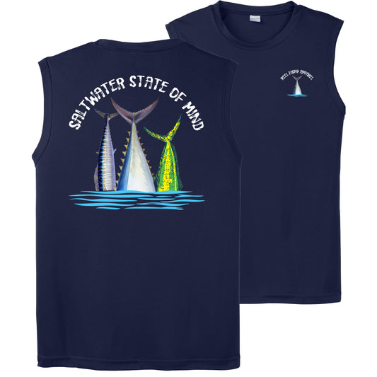 Men’s performance tank in navy featuring Offshore Slam fish tails and Saltwater State of Mind slogan