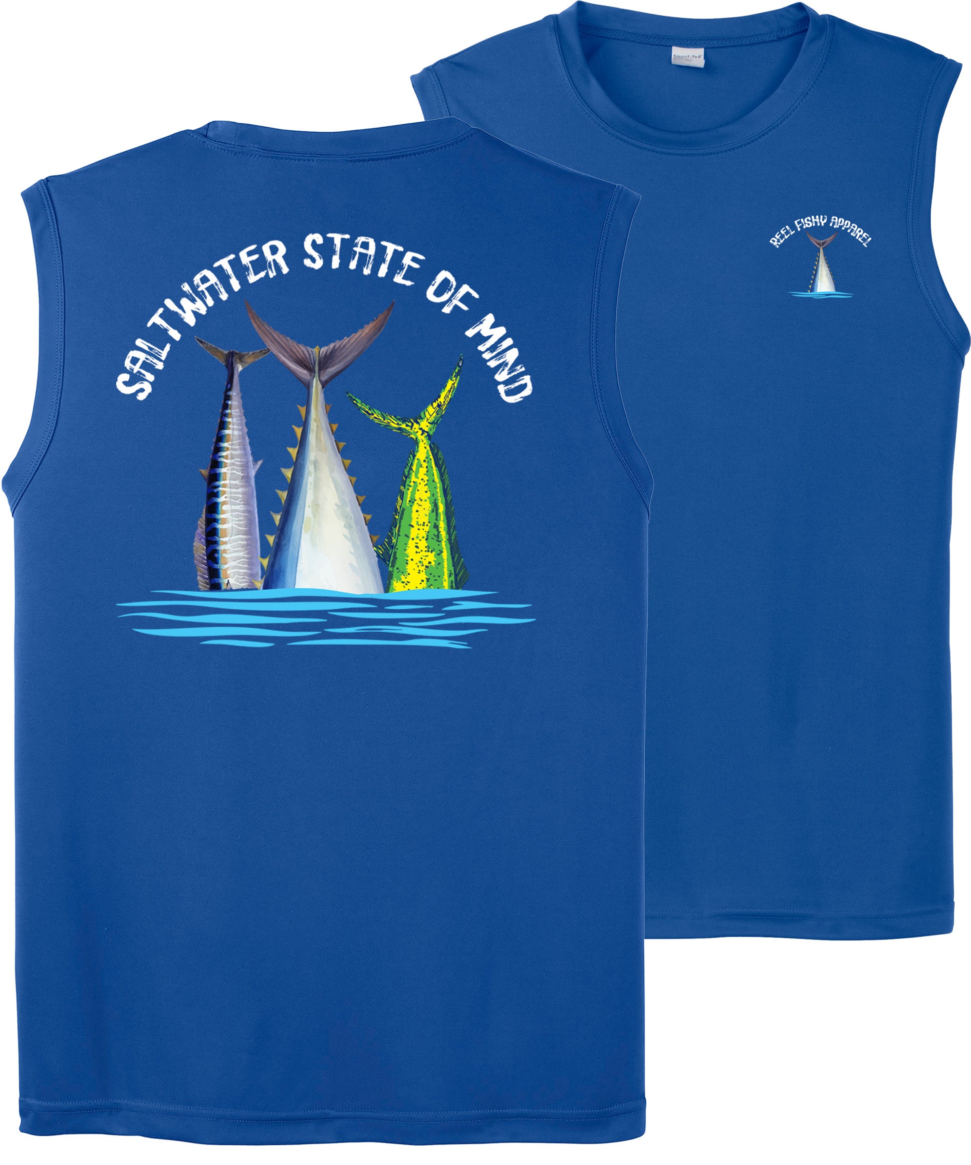 Men’s performance tank in royal blue featuring Offshore Slam fish tails and Saltwater State of Mind slogan
