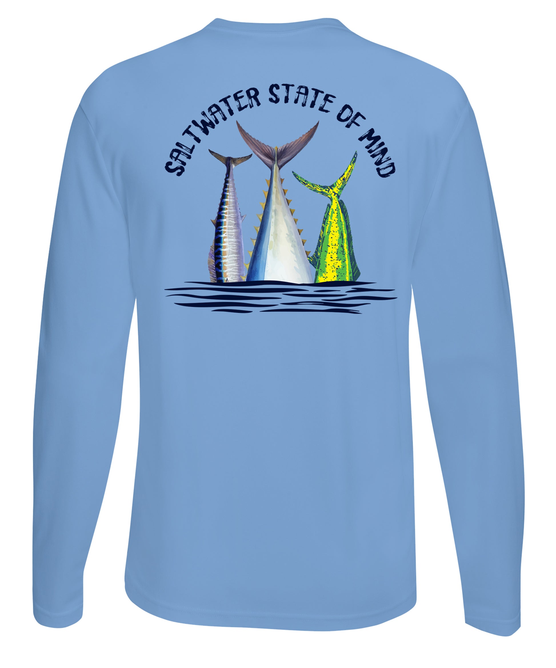 Offshore Slam performance UPF 50 long sleeve fishing shirt in light blue with Wahoo, Mahi, and Tuna tail design