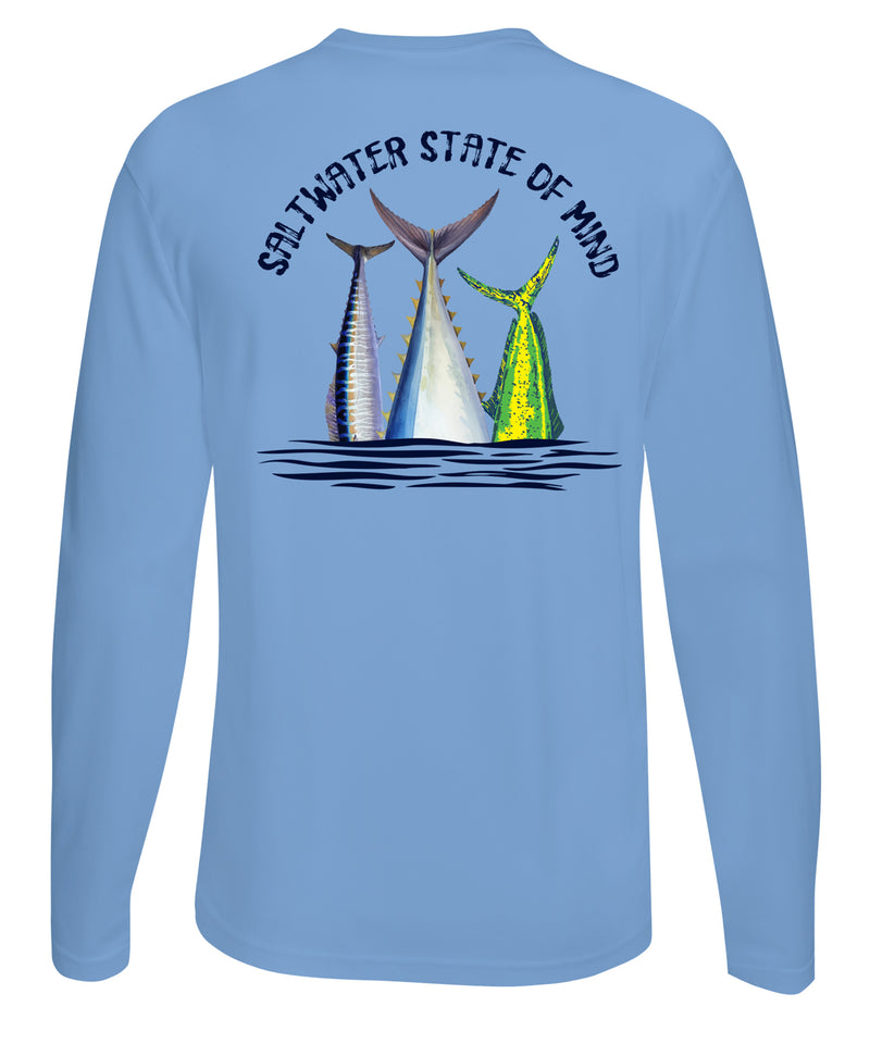 Offshore Slam performance UPF 50 long sleeve fishing shirt in light blue with Wahoo, Mahi, and Tuna tail design