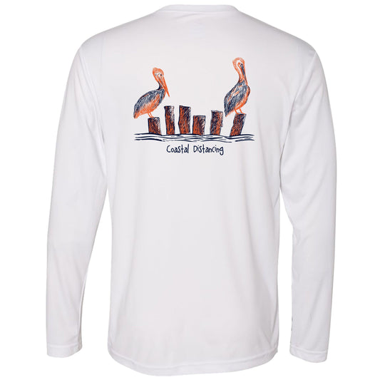 Unisex white long sleeve performance shirt with 50+ UPF, Coastal Distancing pelican graphic on back, Reel Fishy logo on front.