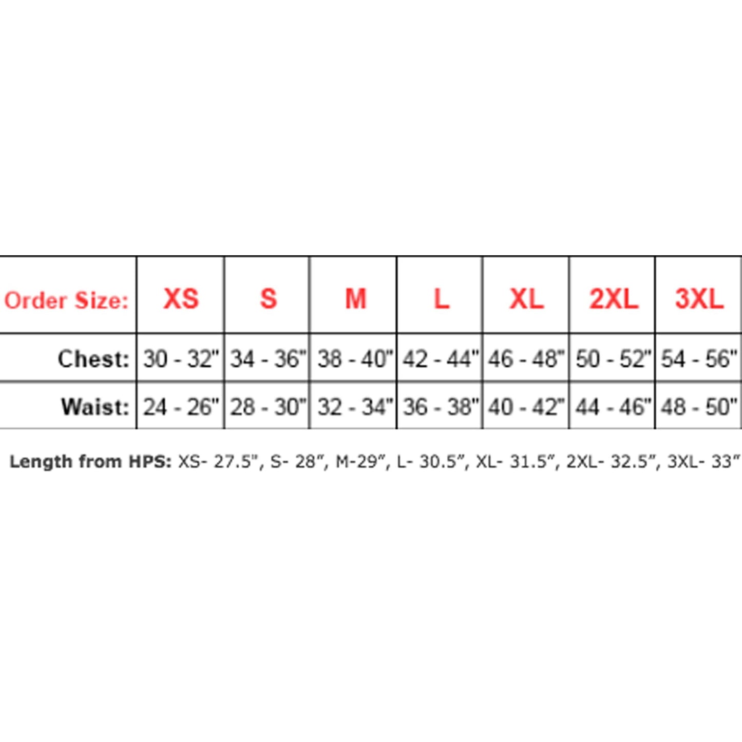 Performance Shirt Size Chart