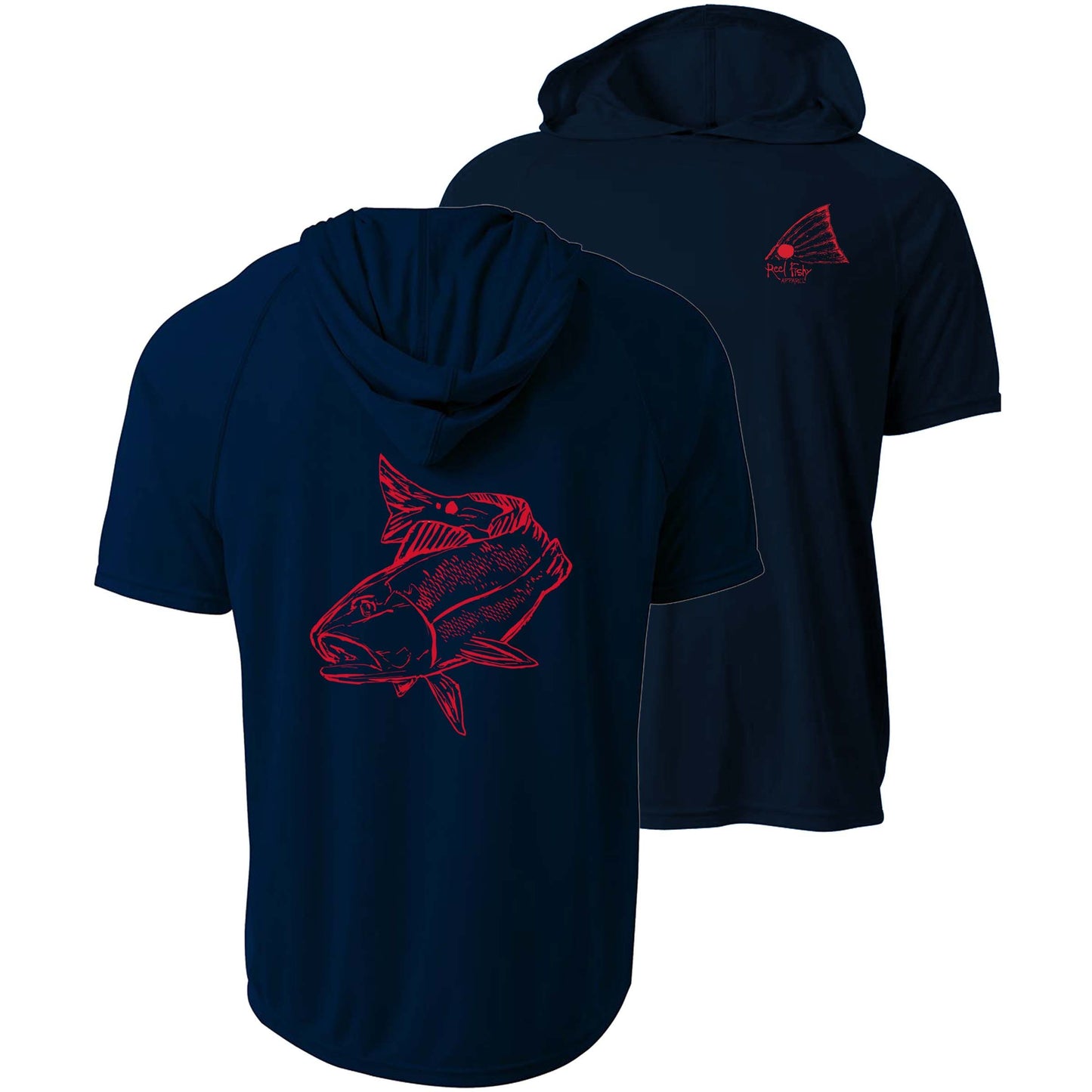 Navy Redfish dri-fit 50+ sun protection short sleeve hoodie