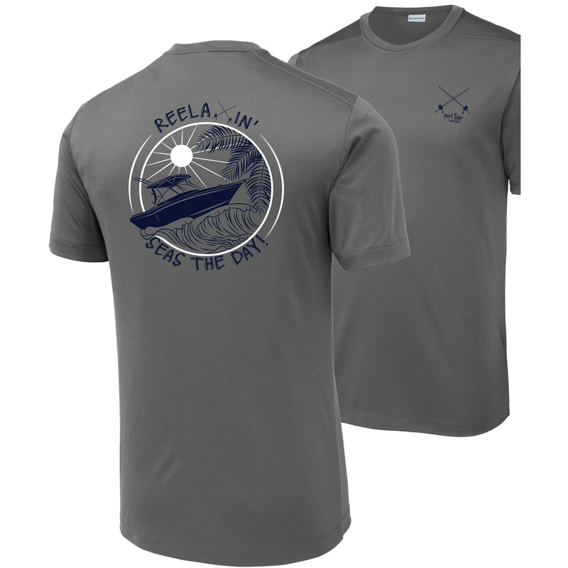 Unisex Graphite Performance Short Sleeve Shirts with Reelaxin' Seas the Day logo on back