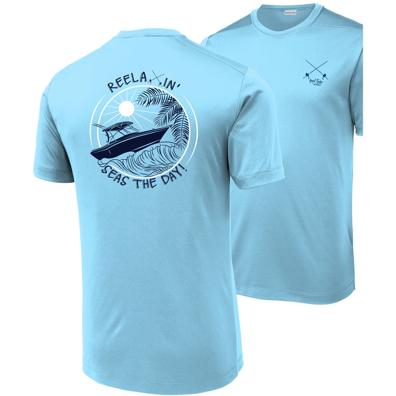 Unisex Light Blue Performance Short Sleeve Shirts with Reelaxin' Seas the Day logo on back