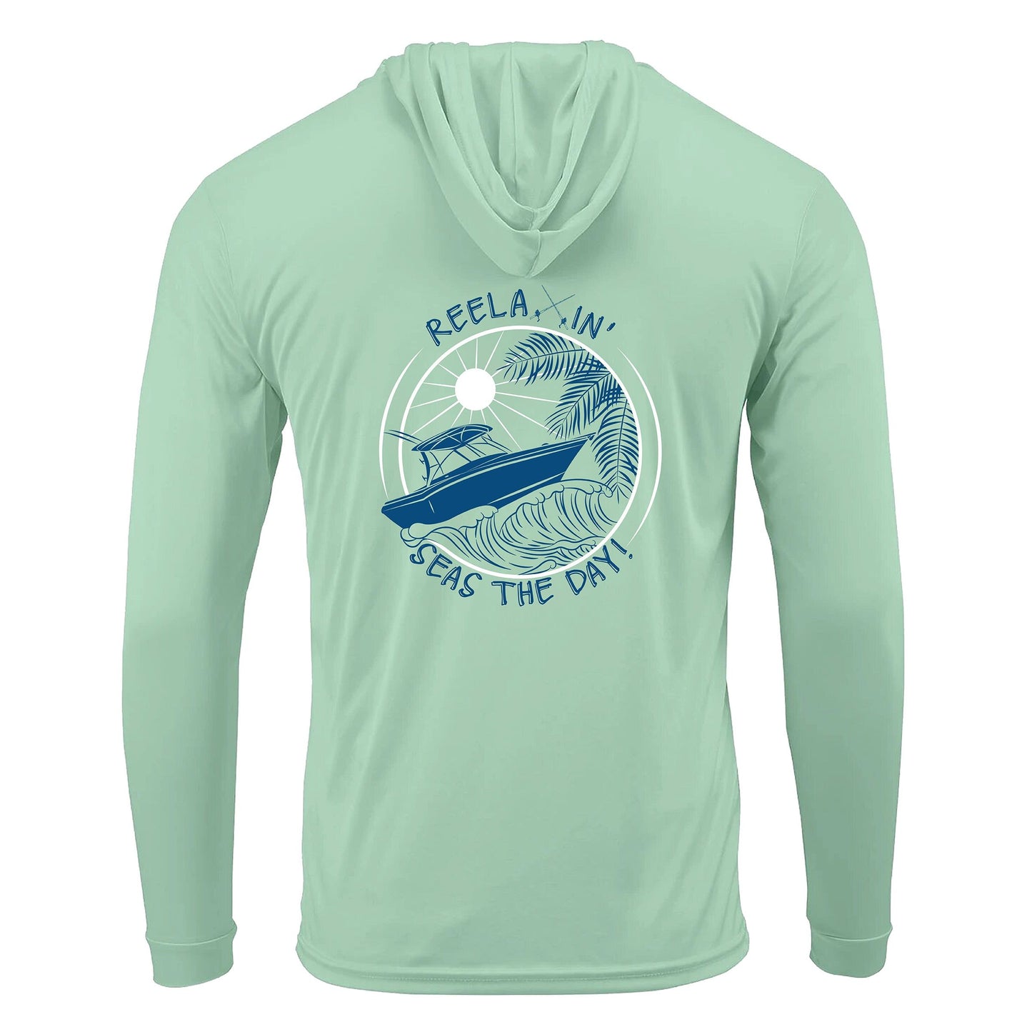 Mint Green Reelaxin' Seas the Day Boat motif dri-fit 50+sun protection long sleeve hoodie