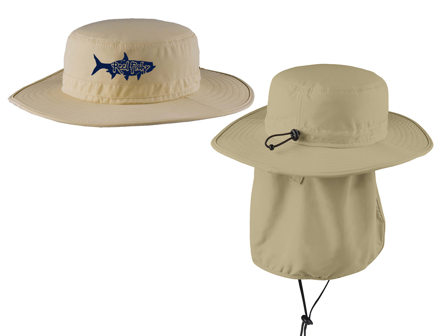 Tan boonie fishing hat with tarpon logo, chin strap, neck flap, 30+ UPF sun protection.