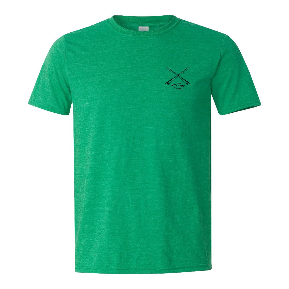 Tarpon "Poon Chaser" Reel Fishy t-shirt - Hthr Green w/Navy Fly Rods logo (front)