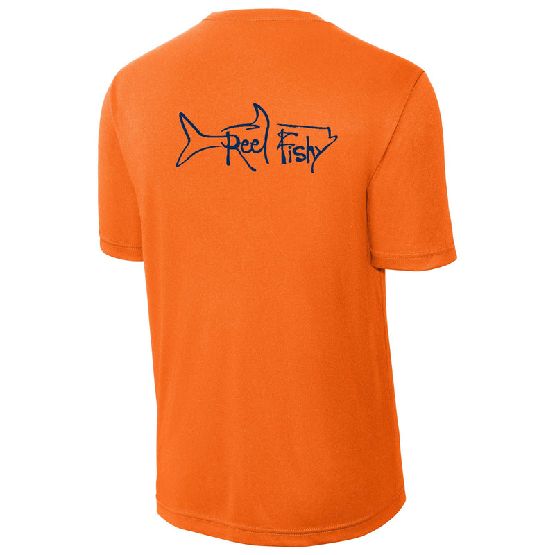 Neon Orange performance dry-fit short sleeve sun shirt with Reel Fishy tarpon design.