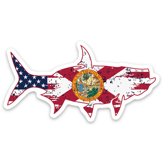 3-inch tarpon fish sticker with Florida flag and American flag graphic, vinyl decal for fishing and boating gear