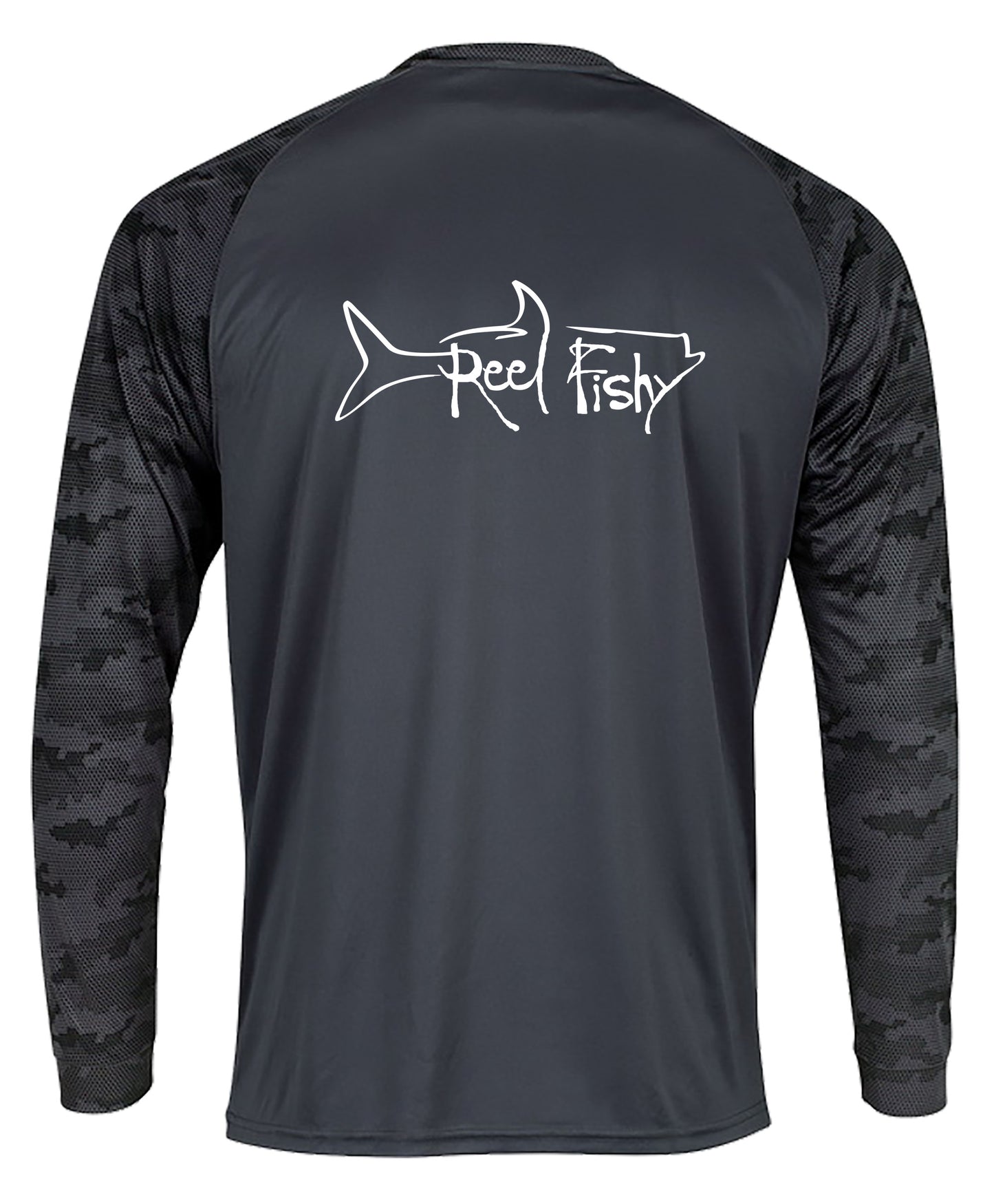 Reel Fishy Tarpon Digital Camo Dry-Fit Long Sleeve Shirt in Graphite color with 50+ UPF protection