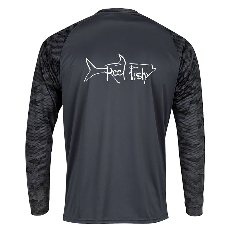 Reel Fishy Tarpon Digital Camo Dry-Fit Long Sleeve Shirt in Graphite color with 50+ UPF protection