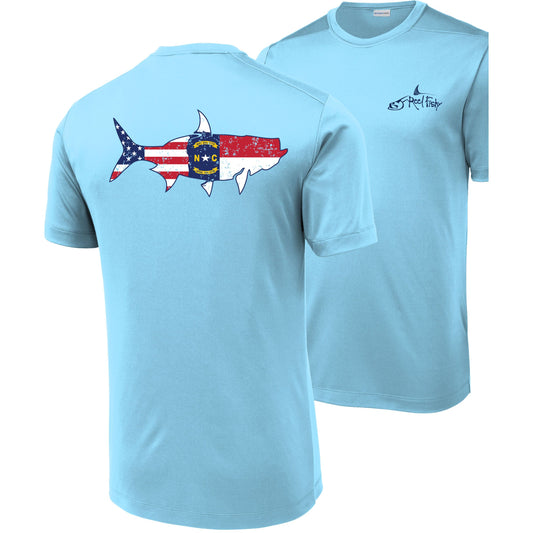 Front and back view of light blue short sleeve Tarpon North Carolina Flag fishing shirt with sun-protective UPF 50