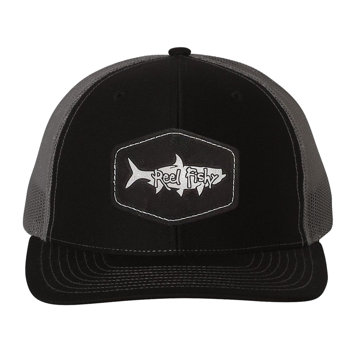 Reel Fishy Tarpon leather black patch on Richardson Black/Charcoal mesh trucker hat