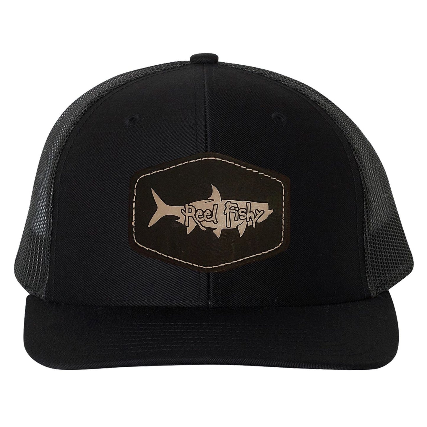 Reel Fishy Tarpon leather black patch on Richardson Black trucker hat