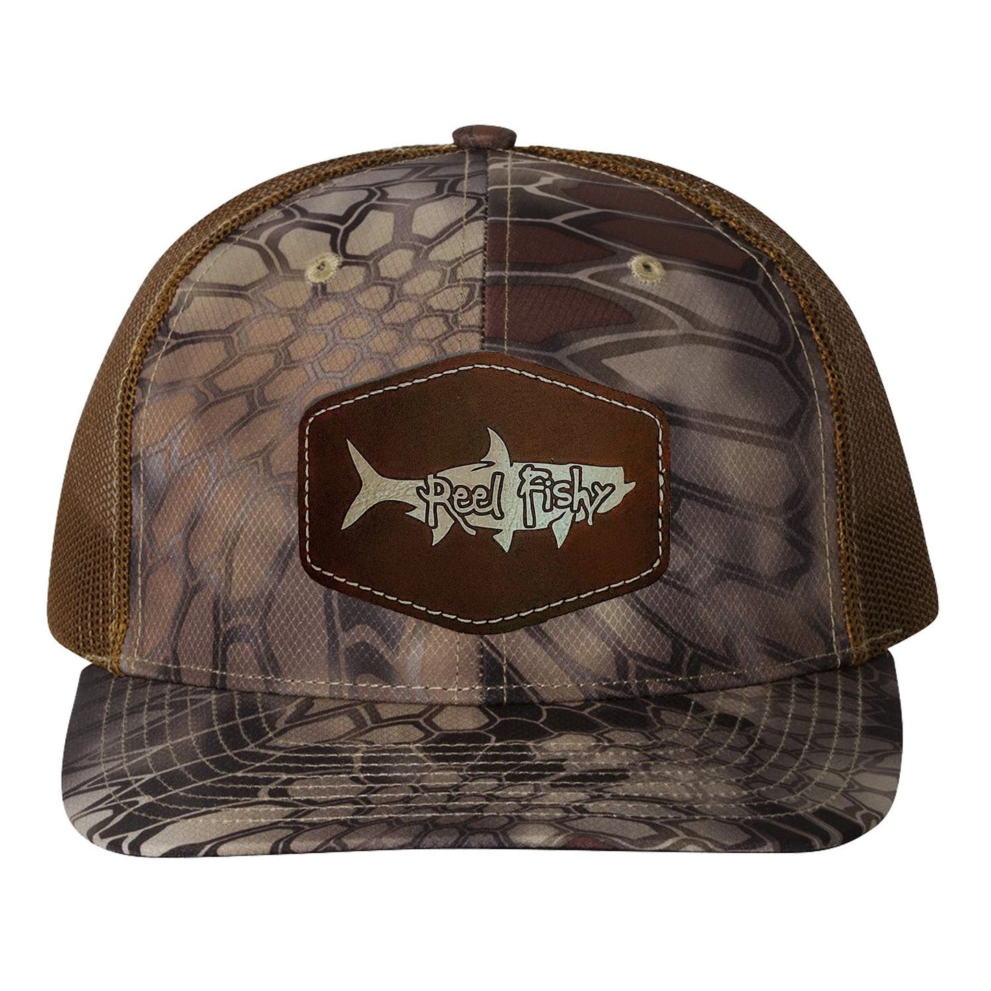 Reel Fishy Tarpon leather brown patch Richardson Kryptek Highland Buck camo trucker hat