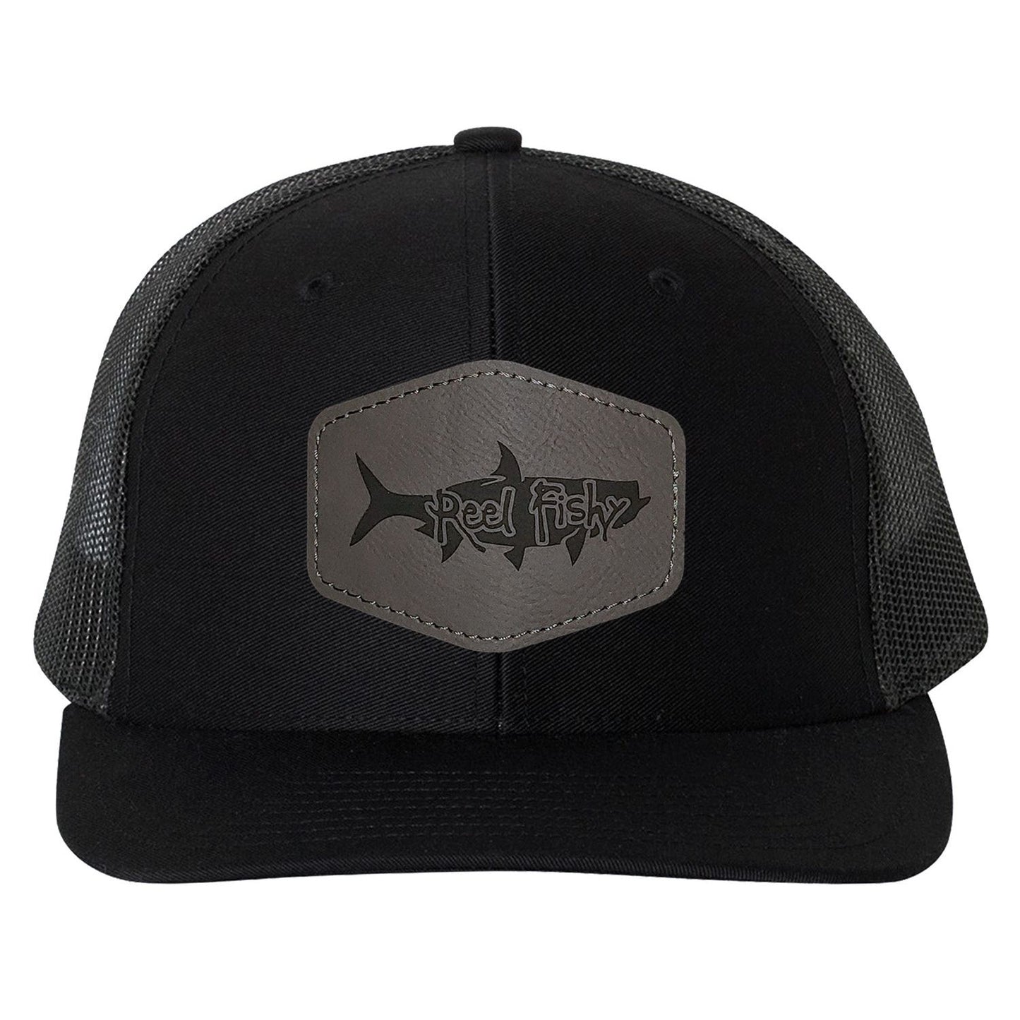 Reel Fishy Tarpon leather silver patch on Richardson Black/Charcoal mesh trucker hat