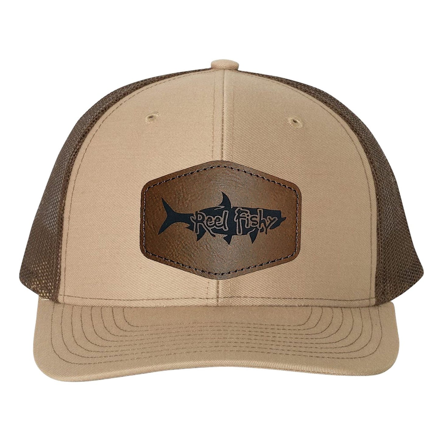 Reel Fishy Tarpon leather brown patch on Richardson Khaki/Brown mesh trucker hat
