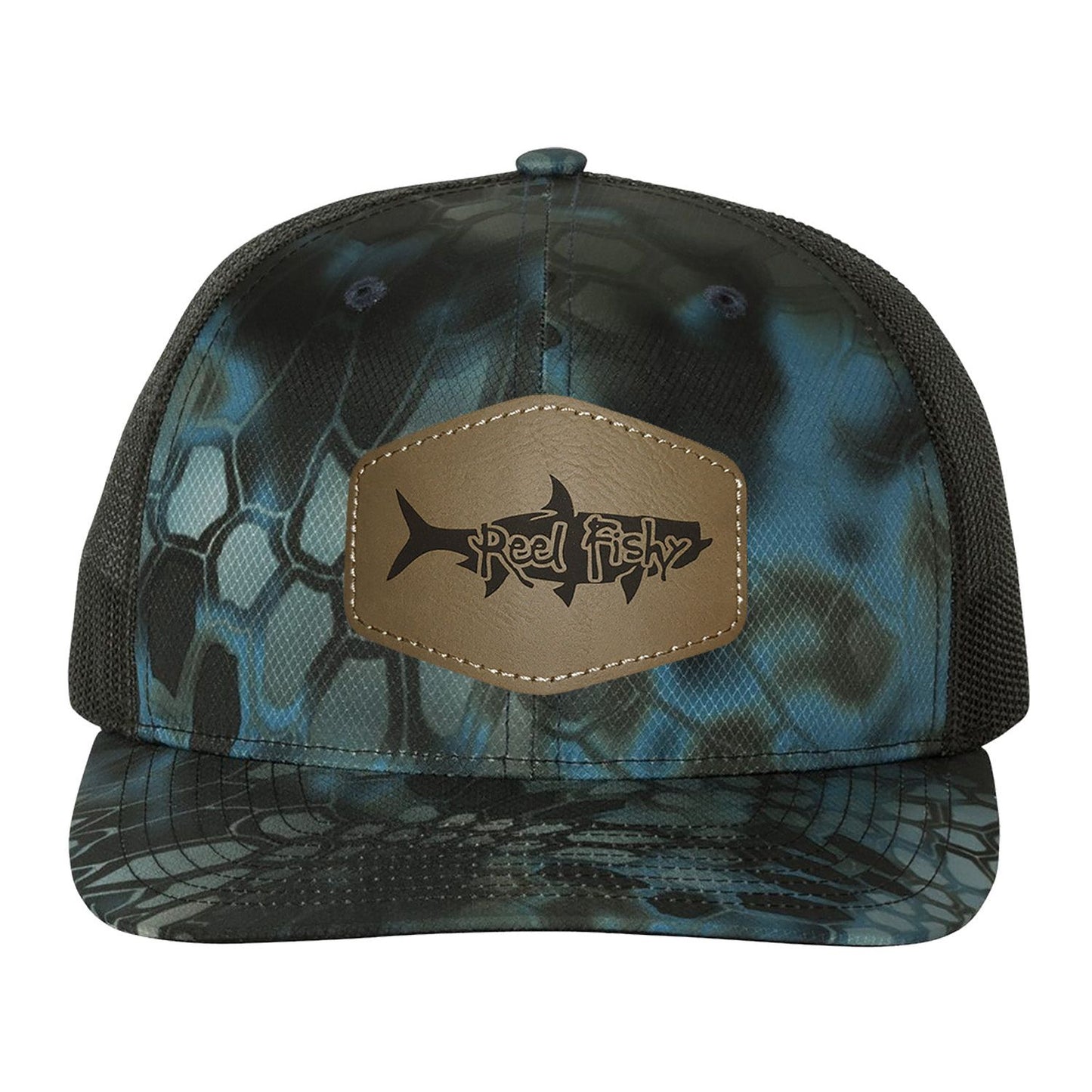 Reel Fishy Tarpon leather light brown patch Richardson Kryptek Neptune/Black trucker hat