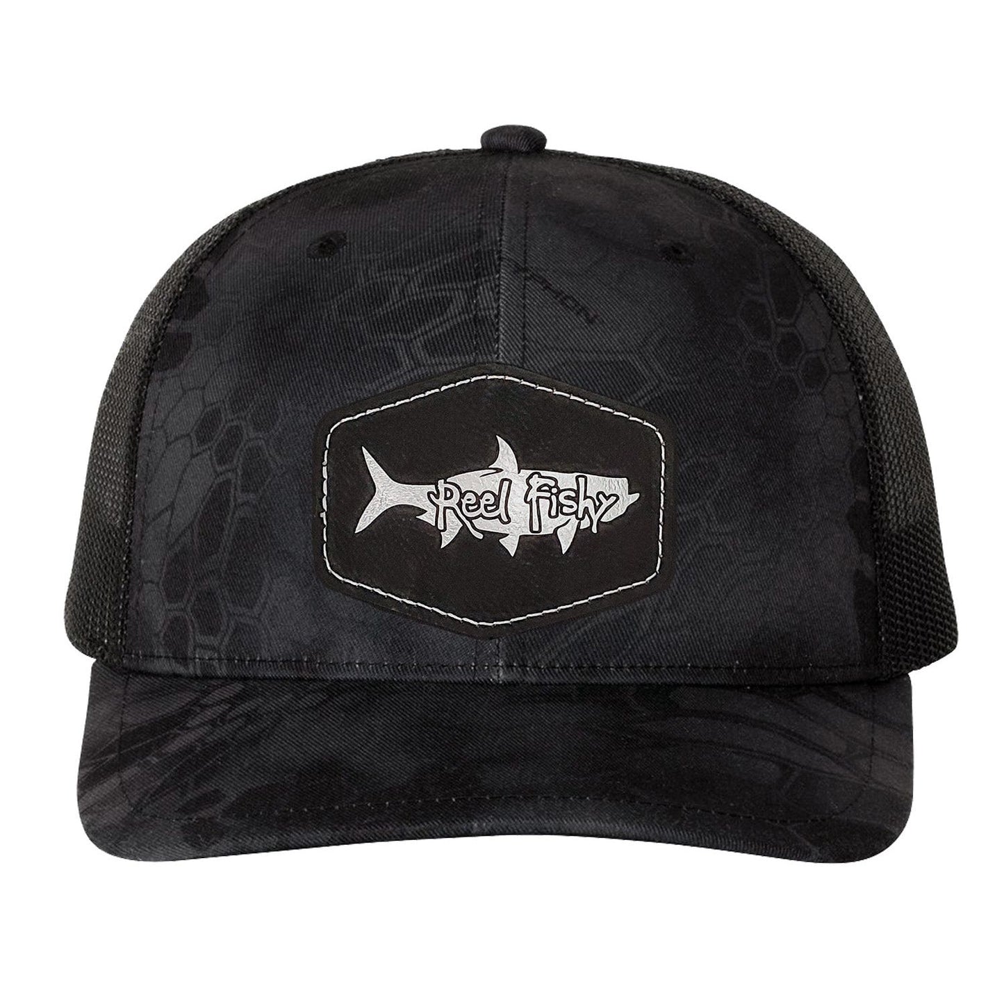Reel Fishy Tarpon leather black patch Richardson Kryptek Typhon/Black trucker hat