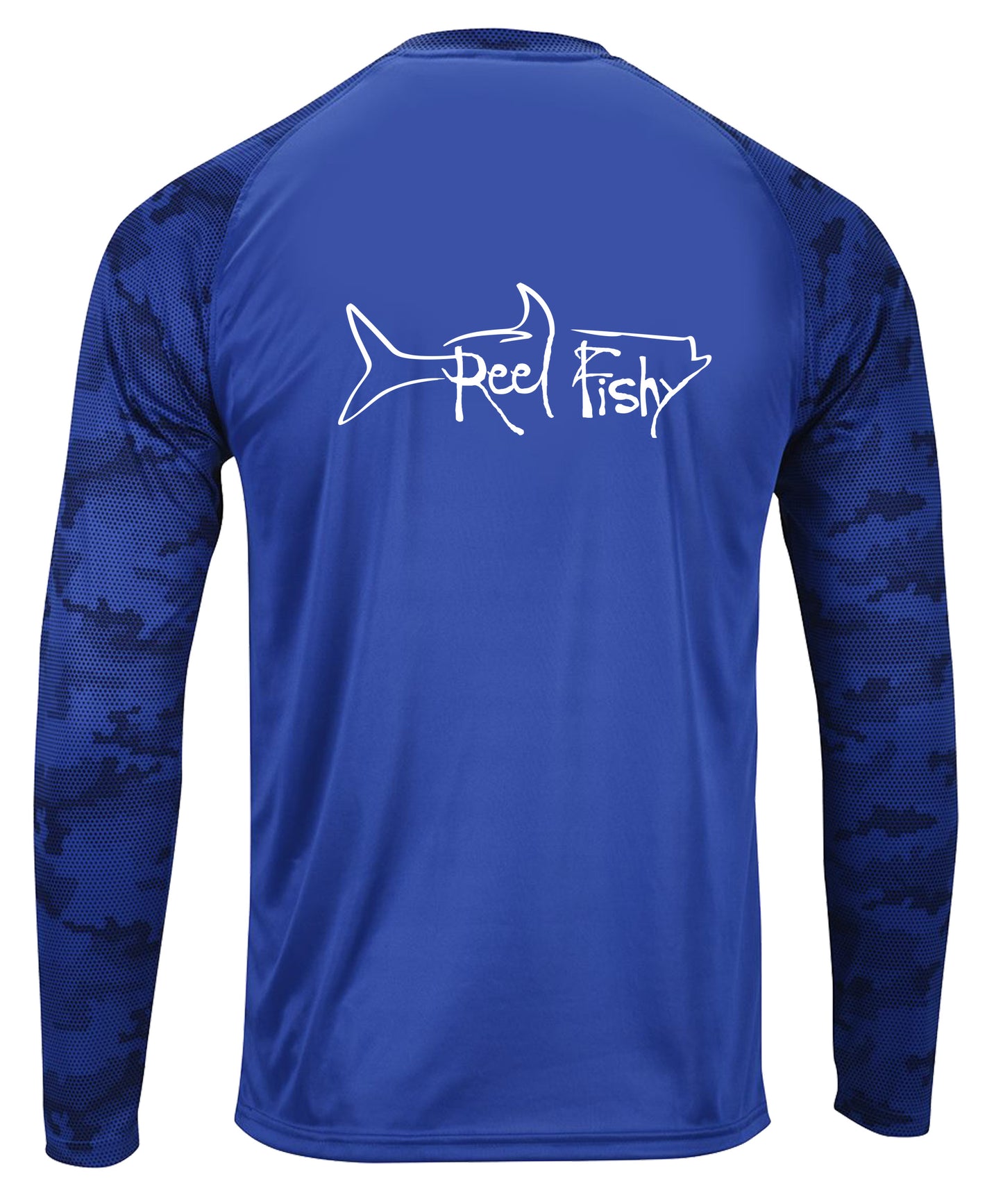 Reel Fishy Tarpon Digital Camo Dry-Fit Long Sleeve Shirt in Royal Blue color with 50+ UPF protection