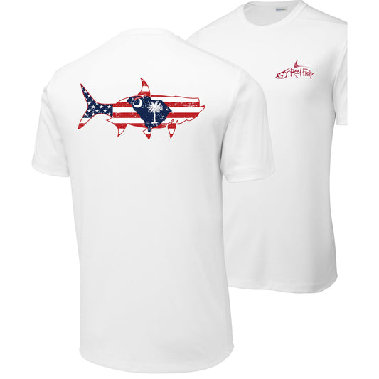 Front and back view of white short sleeve Tarpon North Carolina Flag fishing shirt with sun-protective UPF 50