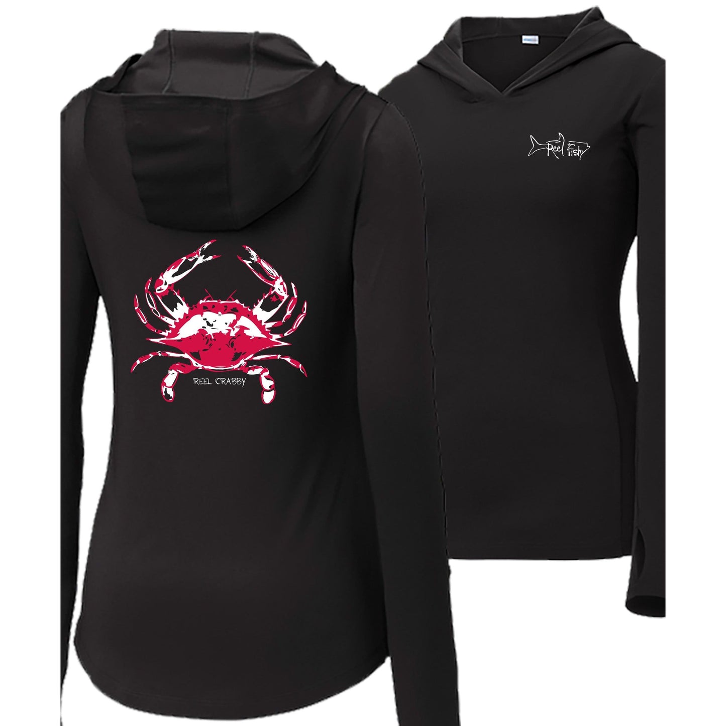 Women's black long sleeve performance hoodie with blue crab design, thumb holes, and Reel Fishy Tarpon logo on the front