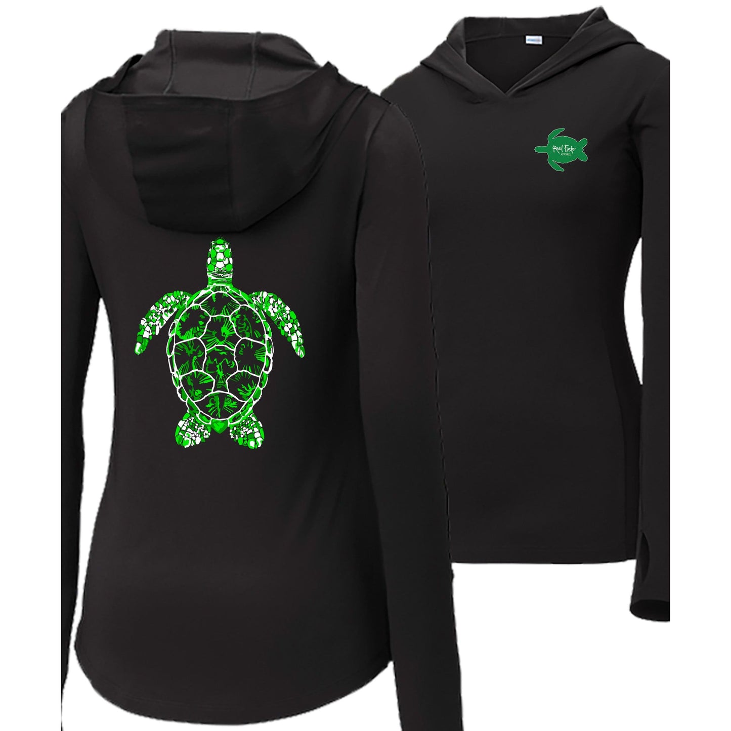 Women's black long sleeve performance hoodie with green turtle design, thumb holes, and Reel Fishy Turtle logo on the front