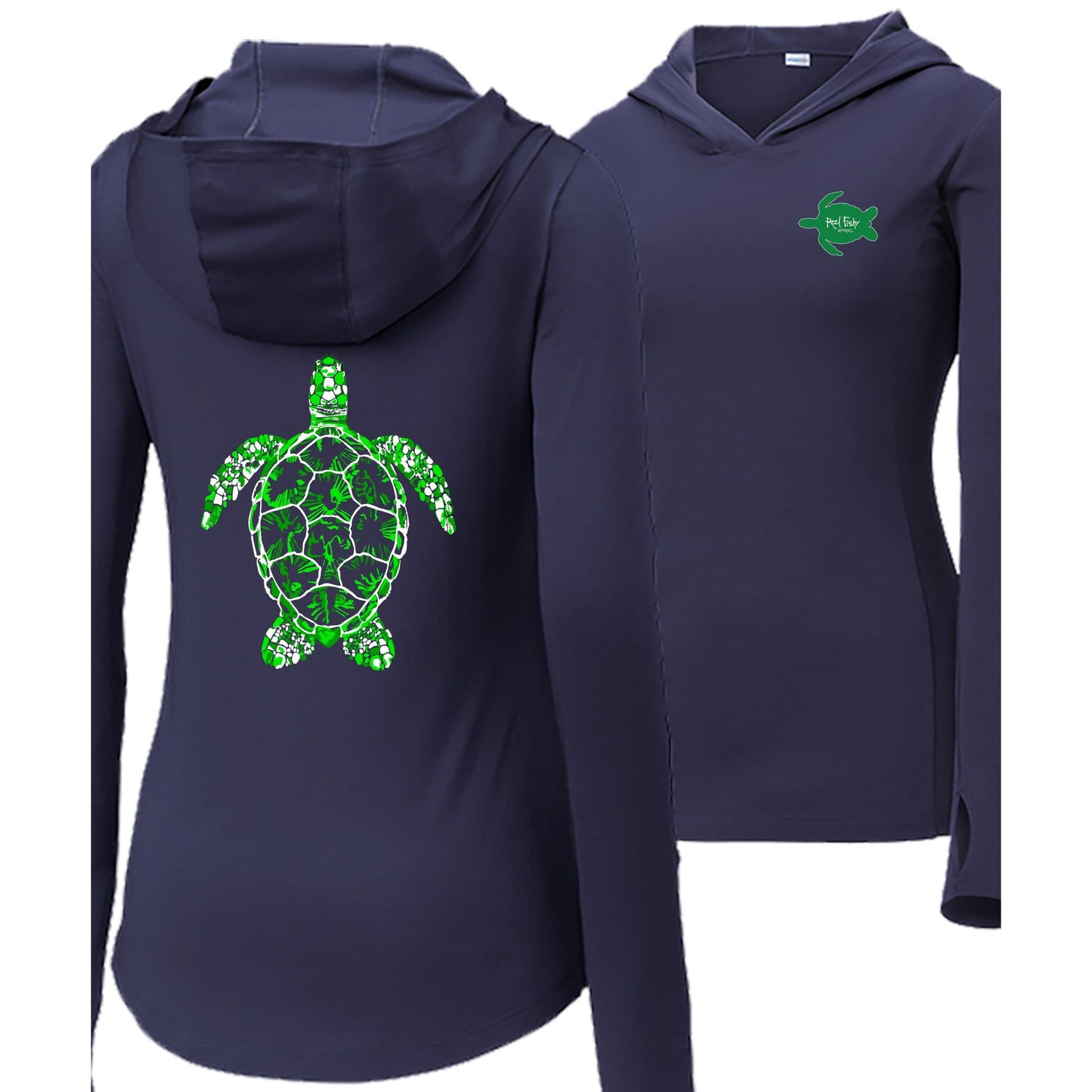 Women's navy long sleeve performance hoodie with green turtle design, thumb holes, and Reel Fishy Turtle logo on the front