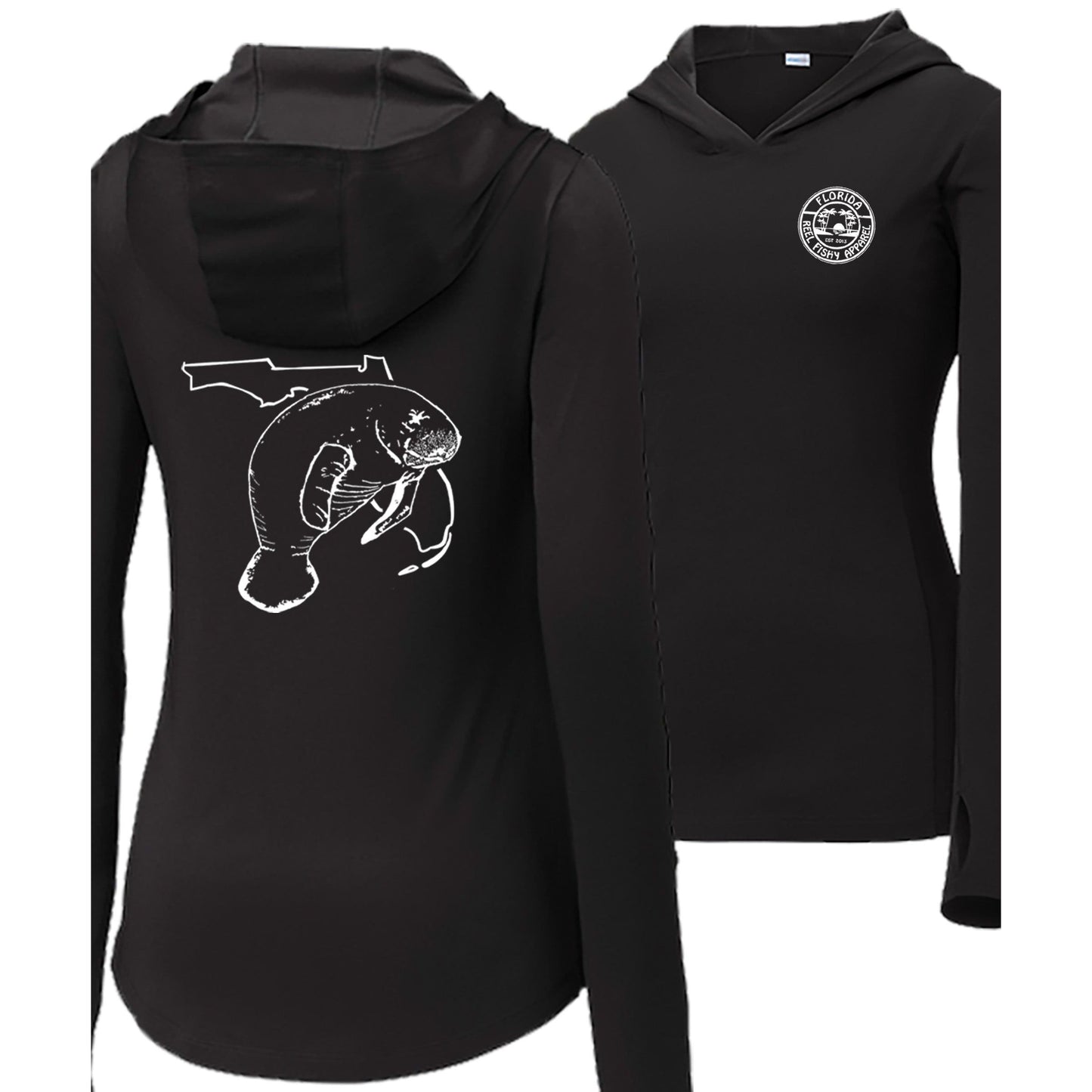 Women's black long sleeve performance hoodie with Florida Manatee design, thumb holes, and Reel Fishy logo on the front