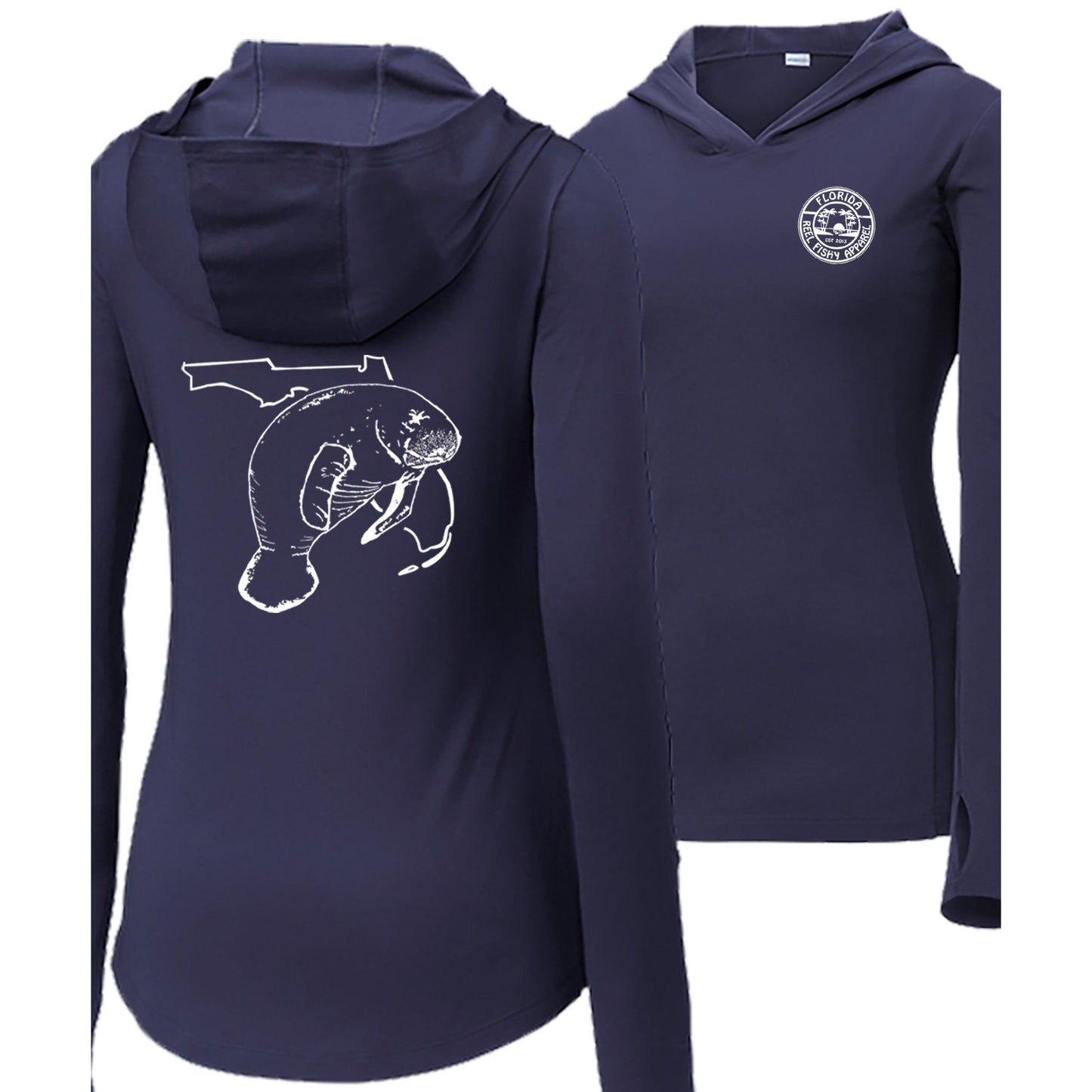 Women's navy long sleeve performance hoodie with Florida Manatee design, thumb holes, and Reel Fishy logo on the front