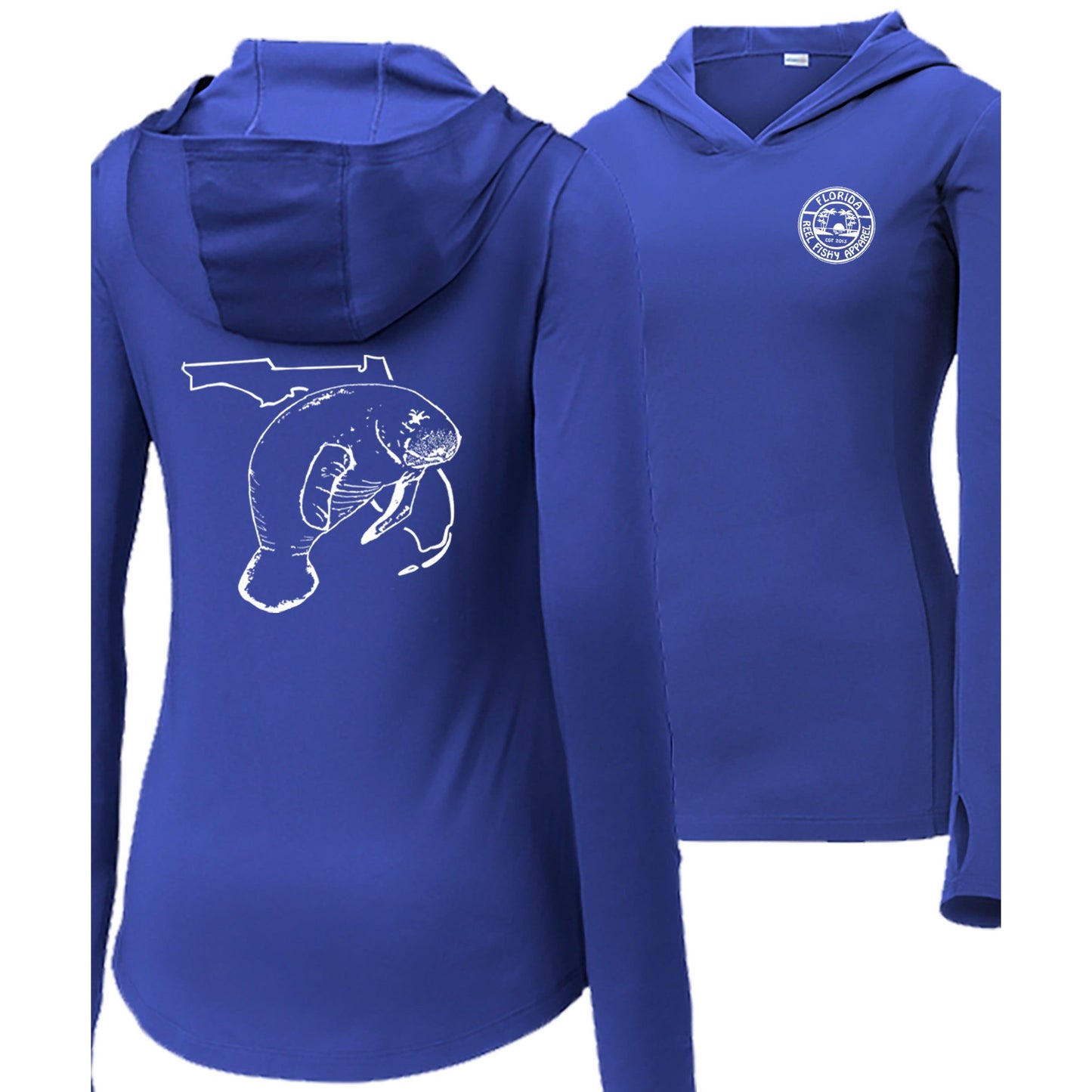 Women's royal blue long sleeve performance hoodie with Florida Manatee design, thumb holes, and Reel Fishy logo on the front